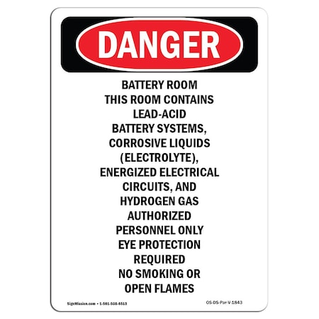 Signmission OSHA Sign, 14" H, Aluminum, Portrait Battery Room Contains Lead-Acid, Portrait, 1014-V-1843 OS-DS-A-1014-V-1843